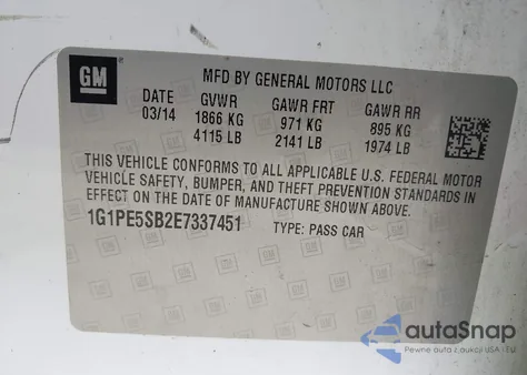 2014 Chevrolet Cruze 2Lt Auto z USA, uszkodzony, nr VIN 1G1PE5SB2E7337451